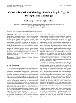 Cultural Diversity of Marriage Sustainability in Nigeria: Strengths and Challenges