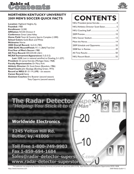 Contentstable of NORTHERN KENTUCKY UNIVERSITY 2009 MEN’S SOCCER QUICK FACTS CONTENTS Location: Highland Heights, Ky