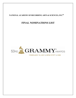 Final Nominations List, 53Rd Grammy Awards