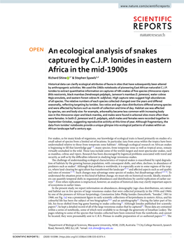 An Ecological Analysis of Snakes Captured by C.J.P. Ionides in Eastern Africa in the Mid-1900S Richard Shine 1* & Stephen Spawls1,2