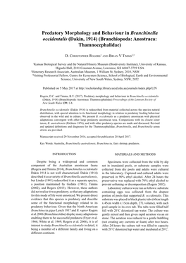 Predatory Morphology and Behaviour in Branchinella Occidentalis (Dakin, 1914) (Branchiopoda: Anostraca: Thamnocephalidae)