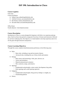 ISF 198: Introduction to Chess Fall 2019