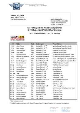 PRESS RELEASE Eni FIM Superbike World Championship & FIM