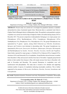 POPULATION DYNAMICS of PLANKTER in a PERENNIAL WATER BODY Babar H