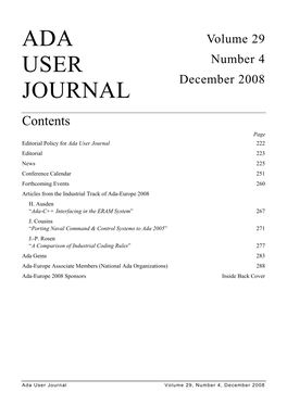 Ada User Journal 222 Editorial 223 News 225 Conference Calendar 251 Forthcoming Events 260 Articles from the Industrial Track of Ada-Europe 2008 H