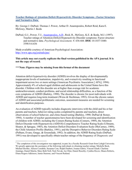 Teacher Ratings of Attention Deficit Hyperactivity Disorder Symptoms : Factor Structure and Normative Data*