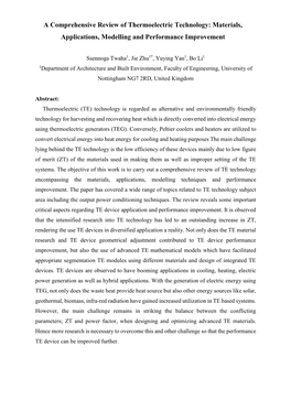 A Comprehensive Review of Thermoelectric Technology: Materials, Applications, Modelling and Performance Improvement