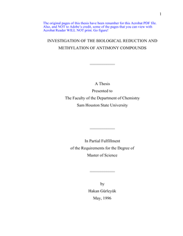 1 INVESTIGATION of the BIOLOGICAL REDUCTION and METHYLATION of ANTIMONY COMPOUNDS ___A Thesis Presented to the Faculty