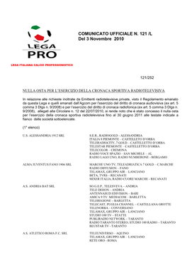 COMUNICATO UFFICIALE N. 121 /L Del 3 Novembre 2010