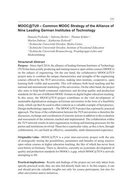 MOOC@TU9 – Common MOOC Strategy of the Alliance of Nine Leading German Institutes of Technology