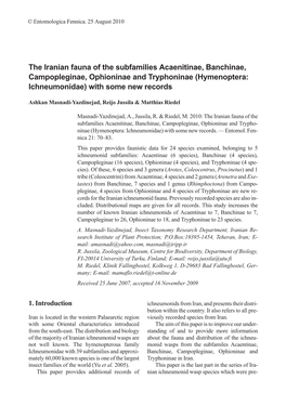 The Iranian Fauna of the Subfamilies Acaenitinae, Banchinae, Campopleginae, Ophioninae and Tryphoninae (Hymenoptera: Ichneumonidae) with Some New Records