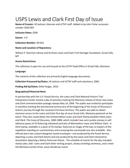 USPS Lewis and Clark First Day of Issue Name of Creator: Jill Jackson, Librarian and LCTHF Staff