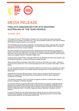 Finalists Announced for 2016 Western Australian of the Year Awards