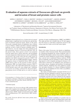 Evaluation of Aqueous Extracts of Taraxacum Officinale on Growth and Invasion of Breast and Prostate Cancer Cells