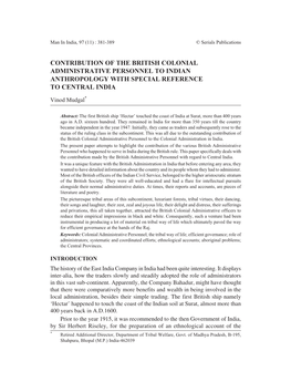 Contribution of the British Colonial Administrative Personnel to Indian Anthropology with Special Reference to Central India