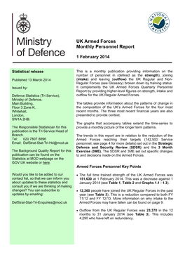 UK Armed Forces Monthly Personnel Report February 2014