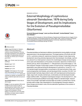 Lophiosilurus Alexandri Steindachner, 1876 During Early Stages of Development, and Its Implications for the Evolution of Pseudopimelodidae (Siluriformes)