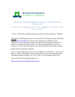 Similar Taste-Nutrient Relationships in Commonly Consumed Dutch and Malaysian Foods