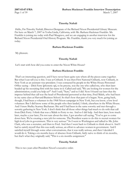 2007-03-07-FRA Barbara Hackman Franklin Interview Transcription Page 1 of 39 March 7, 2007