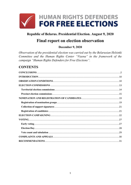 2020 Belarus Presidential Election. Final Report on Election Observation