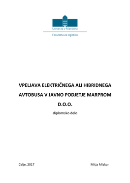 Vpeljava Električnega Ali Hibridnega Avtobusa V Javno Podjetje Marprom D.O.O