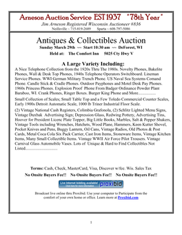Arneson Auction Service EST 1937 " 78Th Year " Jim Arneson Registered Wisconsin Auctioneer #836 Neillsville ~ 715-819-2689 Sparta ~ 608-797-5086