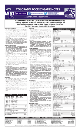 Colorado Rockies Game Notes