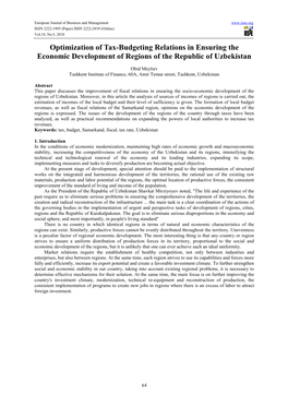 Optimization of Tax-Budgeting Relations in Ensuring the Economic Development of Regions of the Republic of Uzbekistan