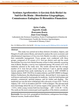 Systèmes Agroforestiers a Garcinia Kola Heckel Au Sud-Est Du Bénin : Distribution Géographique, Connaissances Endogènes Et Retombées Financières