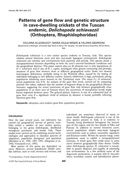 Patterns of Gene Flow and Genetic Structure in Cave-Dwelling Crickets of the Tuscan Endemic, Dolichopoda Schiavazzii (Orthoptera, Rhaphidophoridae)