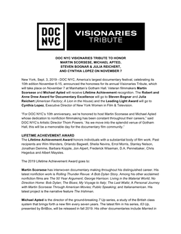 Doc Nyc Visionaries Tribute to Honor Martin Scorsese, Michael Apted, Steven Bognar & Julia Reichert, and Cynthia Lopez on November 7