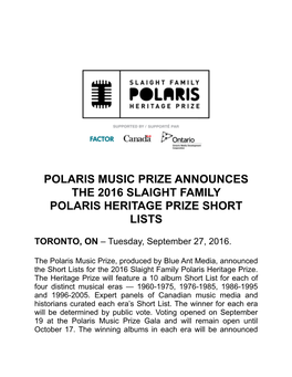 Polaris Music Prize Announces the 2016 Slaight Family Polaris Heritage Prize Short Lists 2