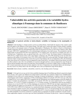 Vulnérabilité Des Activités Pastorales À La Variabilité Hydro- Climatique À Founougo Dans La Commune De Banikoara