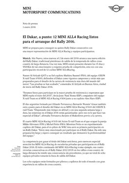 El Dakar, a Punto: 12 MINI ALL4 Racing Listos Para El Arranque Del Rally 2016