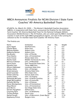 WBCA Announces Finalists for NCAA Division I State Farm Coaches' All-America Basketball Team