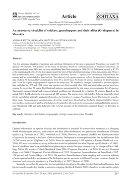 An Annotated Checklist of Crickets, Grasshoppers and Their Allies (Orthoptera) in Slovakia