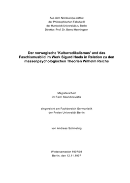 Der Norwegische 'Kulturradikalismus' Und Das Faschismusbild Im Werk Sigurd Hoels in Relation Zu Den Massenpsychologischen Theorien Wilhelm Reichs