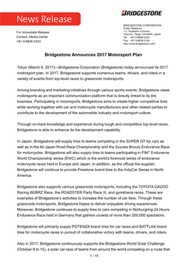 Bridgestone Announces 2017 Motorsport Plan