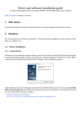 Driver and Software Installation Guide for Digital Thermometer and 1-Wire Adapter DS9097 with DS18B20 Digital Probe Attached