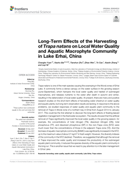 Long-Term Effects of the Harvesting of Trapa Natans on Local Water Quality and Aquatic Macrophyte Community in Lake Erhai, China