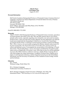 Allan H. Pasco Curriculum Vitae August 29, 2019 Personal