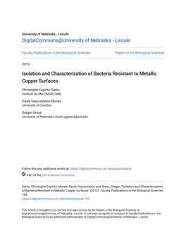 Isolation and Characterization of Bacteria Resistant to Metallic Copper Surfaces