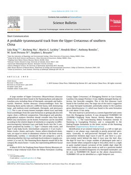 A Probable Tyrannosaurid Track from the Upper Cretaceous of Southern China ⇑ Lida Xing A,B, , Kecheng Niu C, Martin G