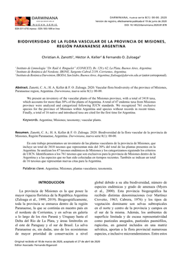 Biodiversidad De La Flora Vascular De La Provincia De Misiones, Región Paranaense Argentina