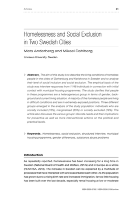 Homelessness and Social Exclusion in Two Swedish Cities Mats Anderberg and Mikael Dahlberg