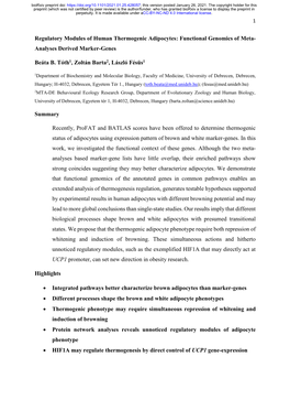 Regulatory Modules of Human Thermogenic Adipocytes: Functional Genomics of Meta-Analyses Derived Marker-Genes