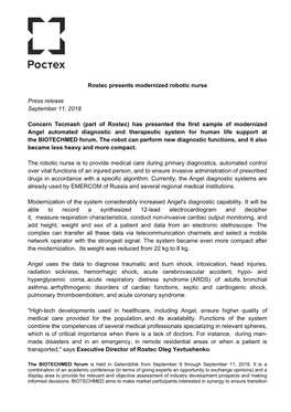 Rostec Presents Modernized Robotic Nurse Press Release September 11