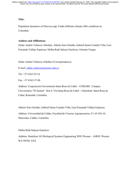 Population Dynamics of Diatraea Spp. Under Different Climate Offer Conditions in Colombia