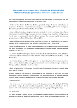 Chronologie Des Principales Visites Effectuées Par Sa Majesté Le Roi Mohammed VI Et Des Personnalités Marocaines En Côte-D'ivoire
