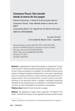 Consenso Fiscal. Una Mirada Desde La Teoría De Los Juegos Fiscal Consensus